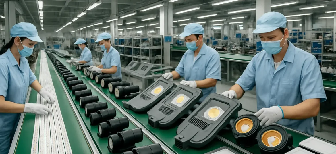 LED light manufacturing facility where workers assemble various types of LED lighting products such as strips, track lights, street lights, COB lights, zoom lights, and panel lights on an organized production line.