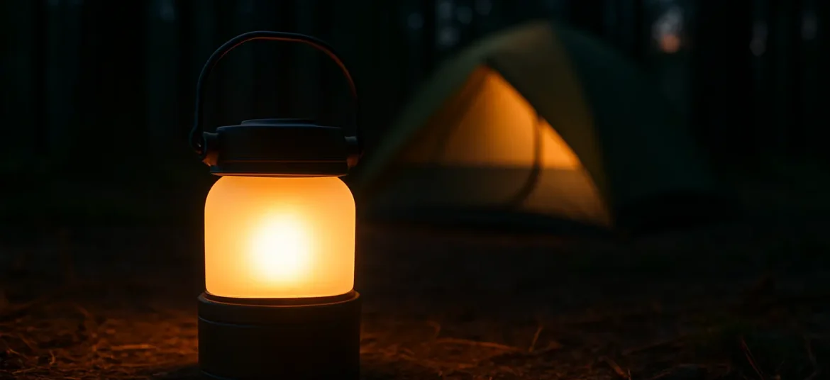 Portable battery-powered LED camping lantern glowing warmly on the forest floor at dusk with a tent softly lit in the background.