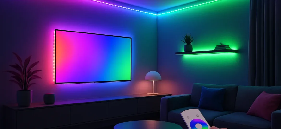 Remote-controlled LED strip lights illuminating a modern living room with colorful accent lighting on the ceiling, walls, and behind a TV.