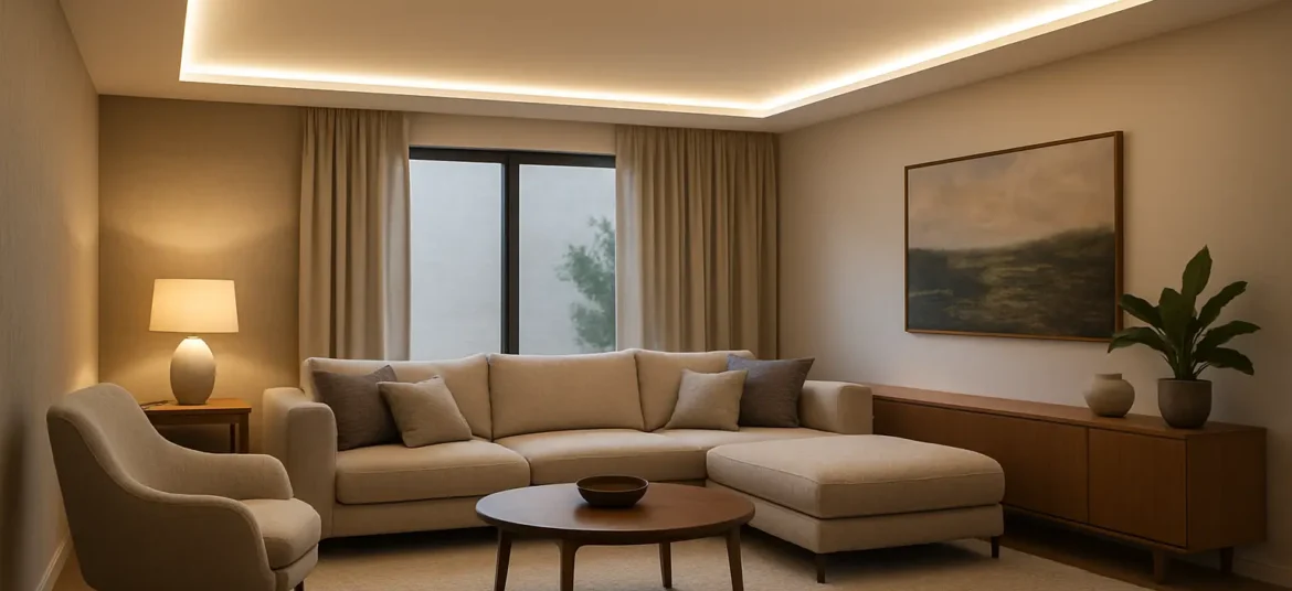 Contemporary living room featuring a recessed LED panel ceiling light providing soft, even illumination across a comfortable seating area.