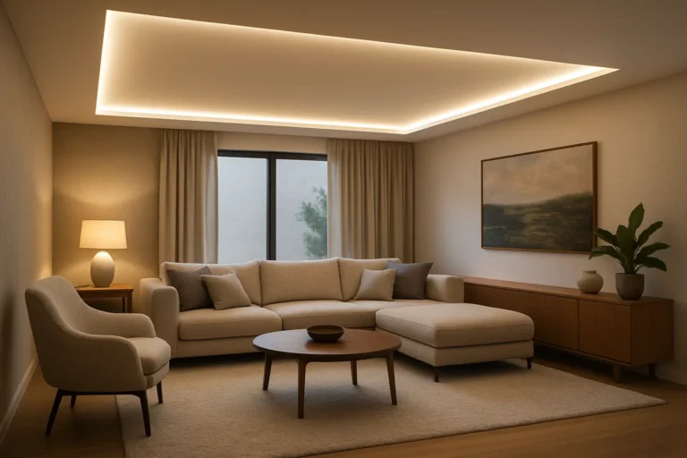 Contemporary living room featuring a recessed LED panel ceiling light providing soft, even illumination across a comfortable seating area.