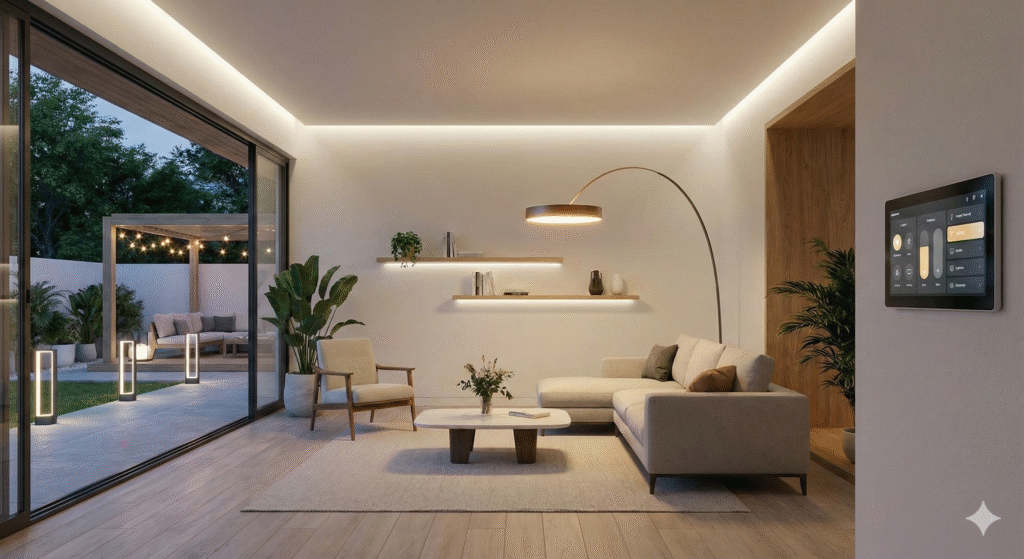 2026 LED lighting trends with smart, energy-efficient fixtures in a modern living room