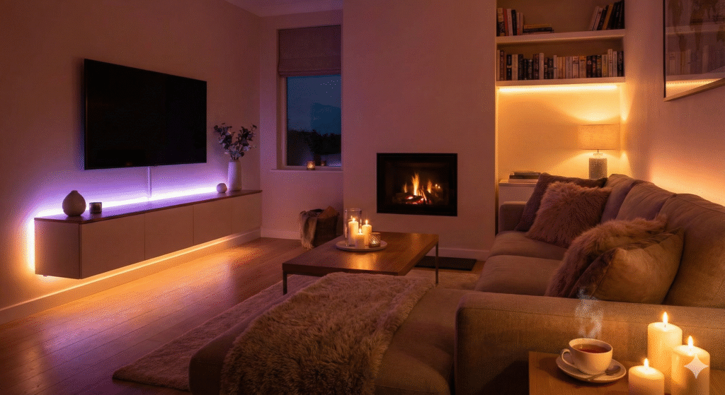 Layered LED lighting creating a cozy evening atmosphere