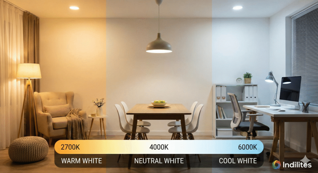 Room with LED lights in warm, neutral, and cool white