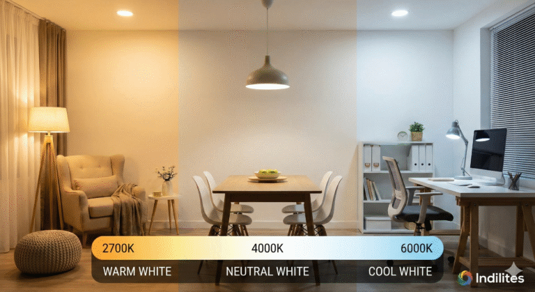 Room with LED lights in warm, neutral, and cool white