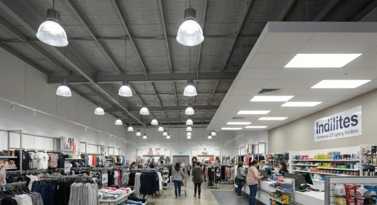 Commercial LED lighting illuminating retail displays and warehouse aisles