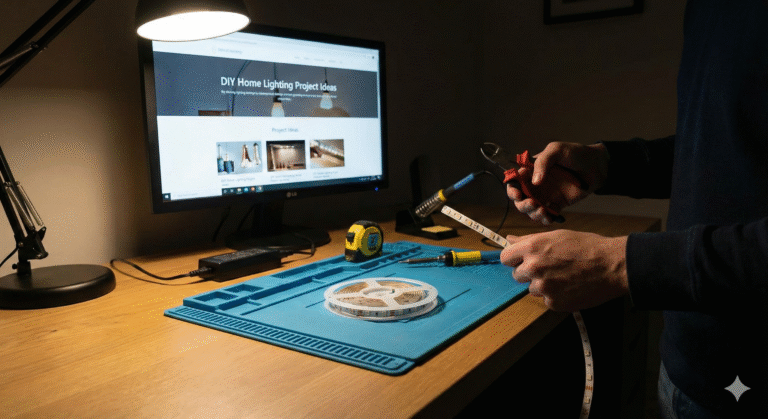 DIY LED strip lighting used on shelves and media wall