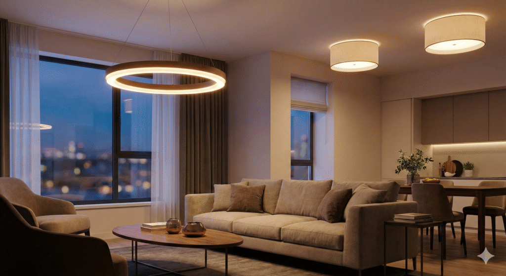 Donut and drum profile LED lights used as decorative focal fixtures