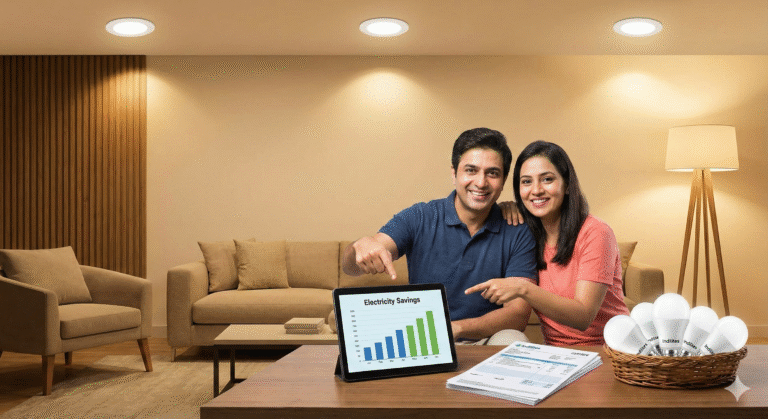 Home with LED lights and energy savings chart