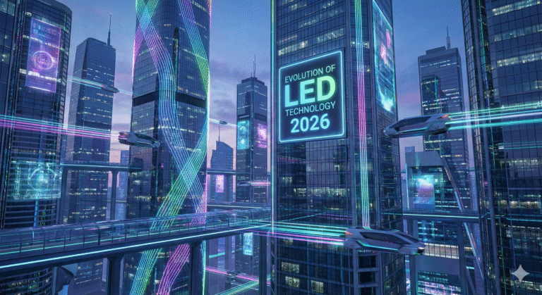 Futuristic cityscape with advanced LED lighting