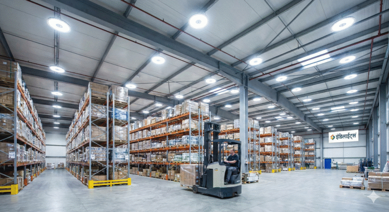 High bay LED lighting illuminating tall warehouse storage