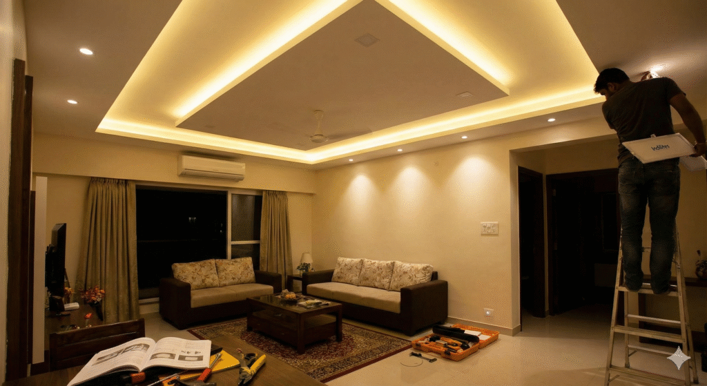 Living room with LED lights in false ceilings
