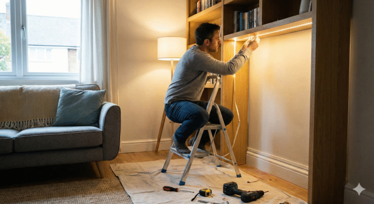 Person installing LED lights in a living room