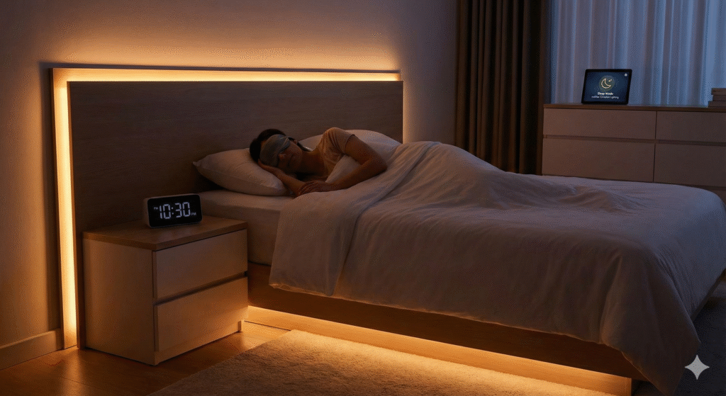 Bedroom with LED lighting and person sleeping