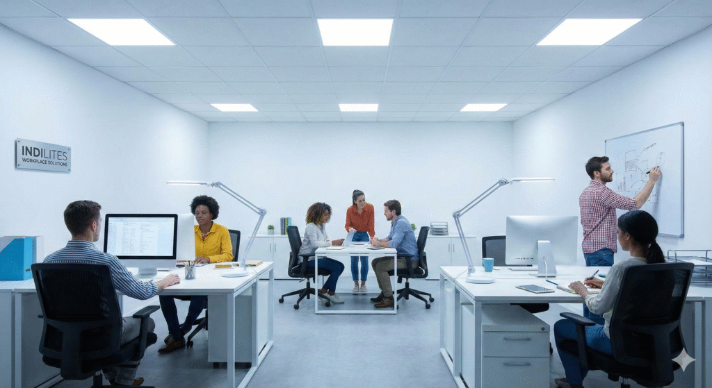 Office with LED lighting and productive employees