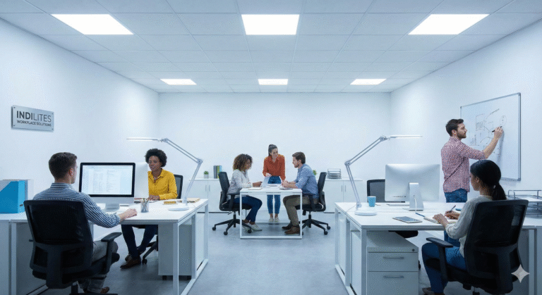 Office with LED lighting and productive employees