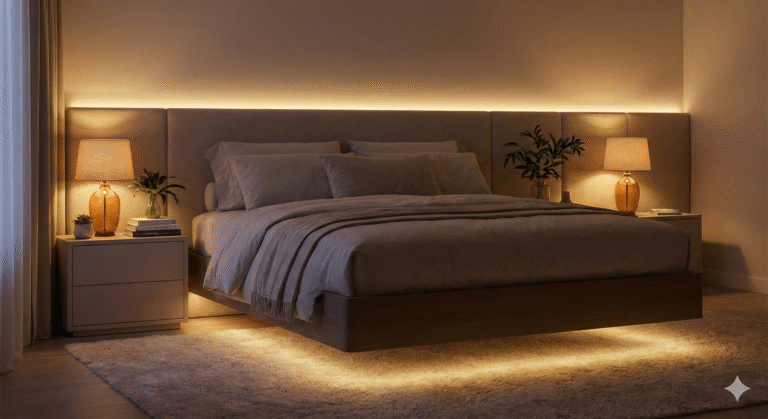 Cozy bedroom with LED strip lights and bedside lamps