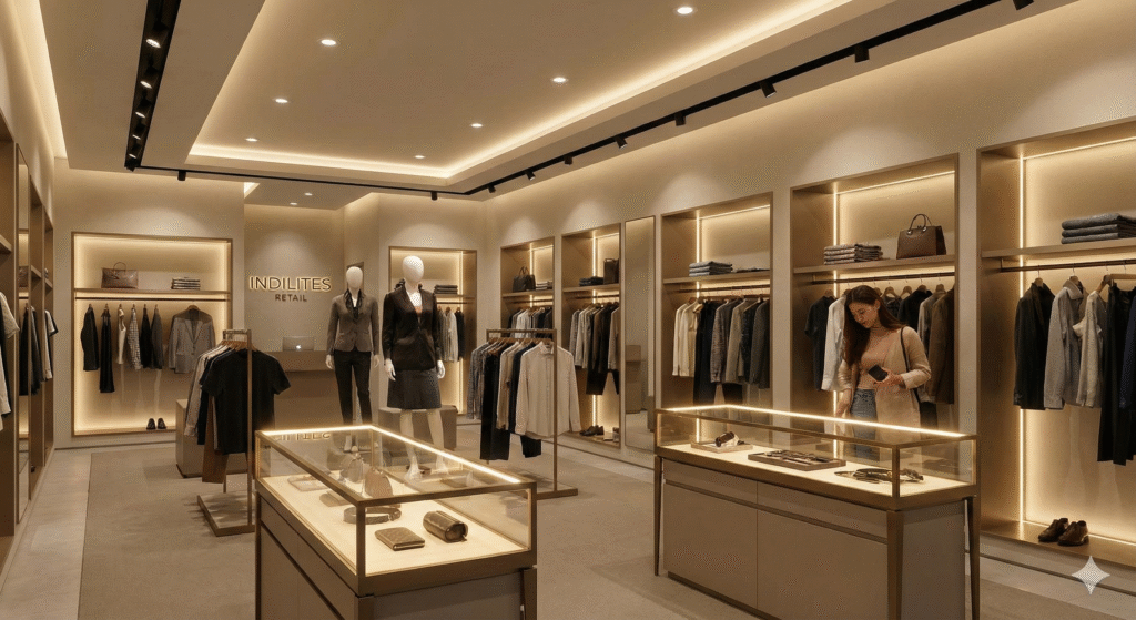 Retail store with LED lighting enhancing product displays