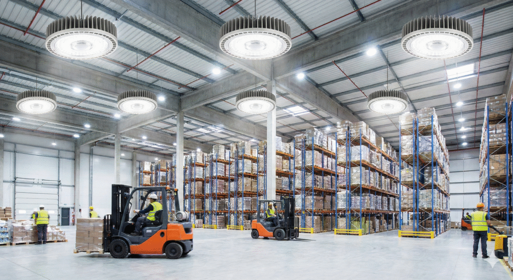Warehouse with LED high bay lights