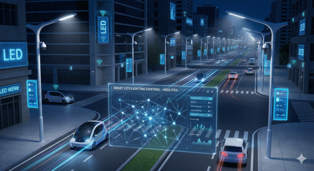 Smart city with LED street lights and digital controls