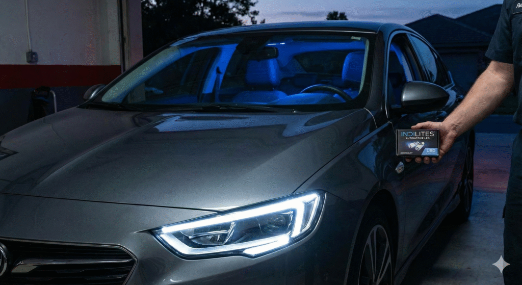 Car with LED headlights and interior lighting