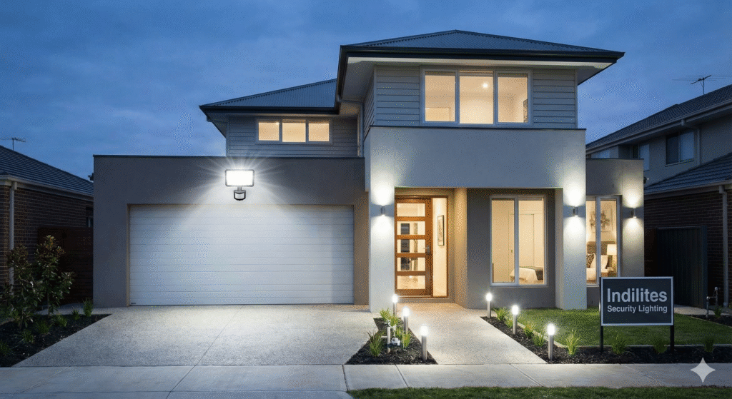 Home with outdoor LED security lights