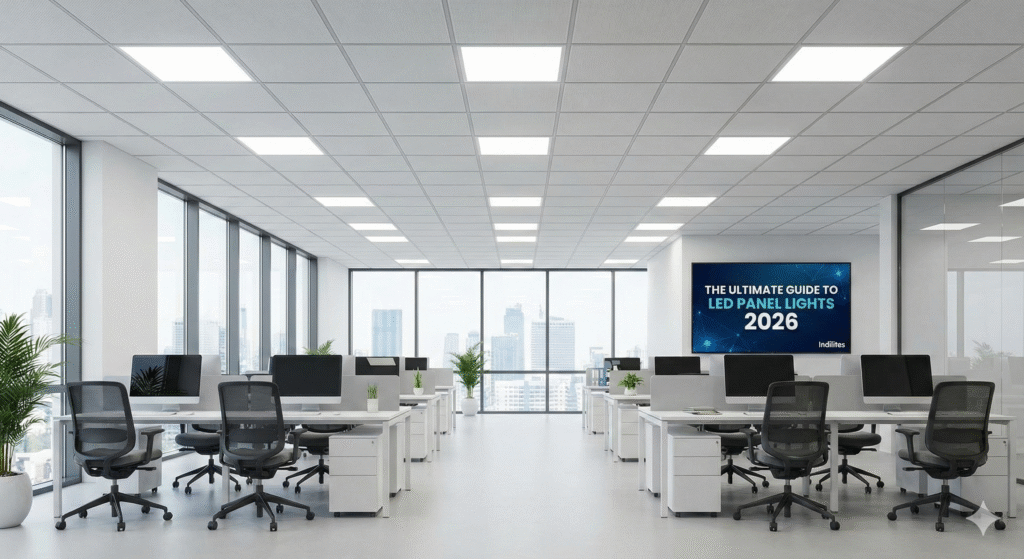 LED panel lights providing uniform illumination in a modern office