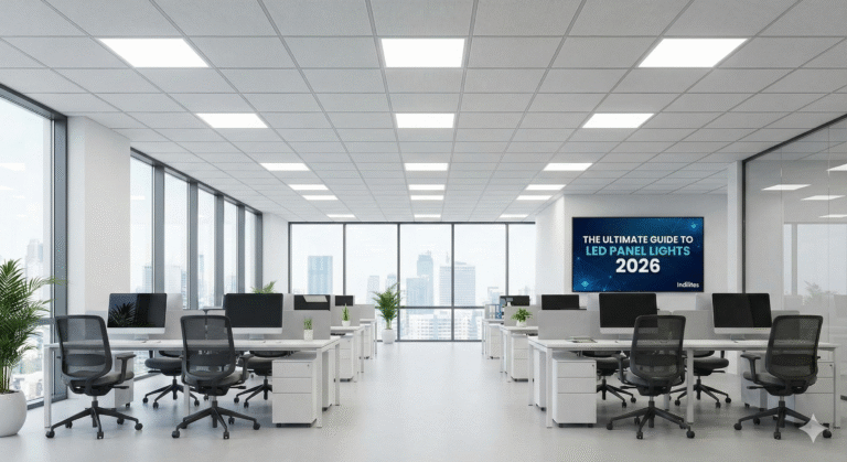 LED panel lights providing uniform illumination in a modern office