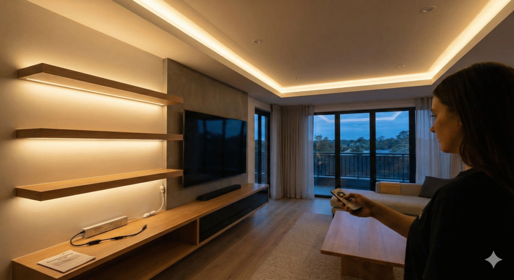 LED strip lights installed under cabinets and in ceiling coves