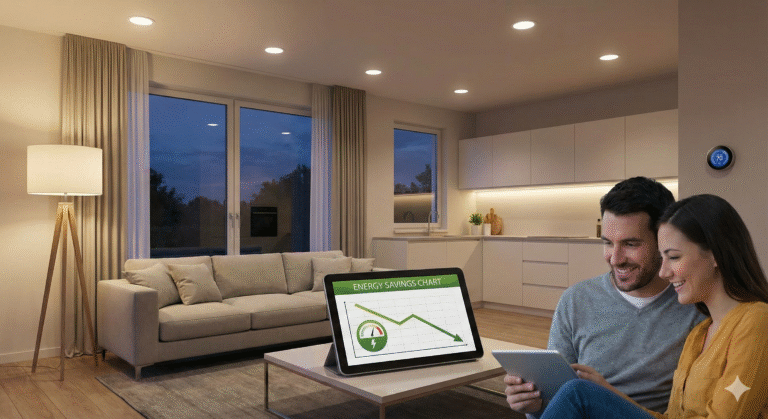 Home with LED lights and energy savings chart