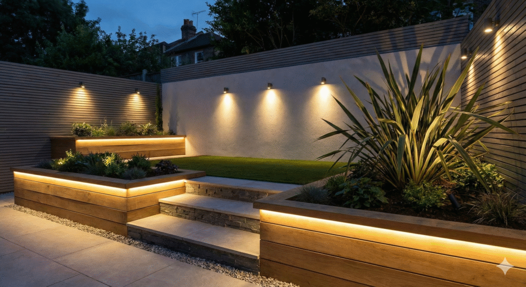 Outdoor LED lights illuminating garden paths, plants and facade