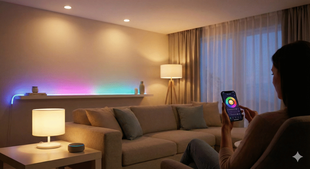 Smart LED lighting controlled via mobile app in a living room