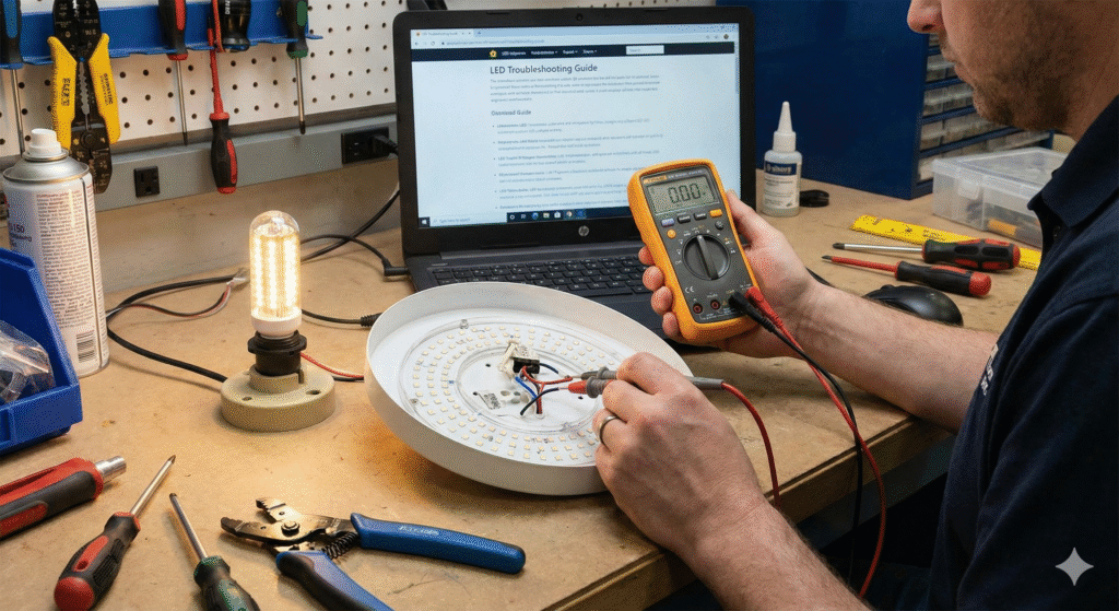 Person troubleshooting a flickering LED light